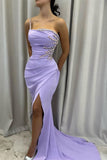 Ndyad Lilac One Shoulder Mermaid Satin Diamond Long Prom Dresses Formal Evening Gowns with Slits HZ1024