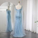 Ndyad Blue Sweetheart Mermaid Tulle Beading Long Prom Dresses Formal Evening Gowns HZ1024