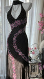 Ndyad Black V-neck Sheath Chiffon Beading Long Prom Dresses Vintage Evening Gowns HZ1024