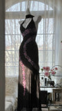 Ndyad Black V-neck Sheath Chiffon Beading Long Prom Dresses Vintage Evening Gowns HZ1024