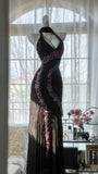 Ndyad Black V-neck Sheath Chiffon Beading Long Prom Dresses Vintage Evening Gowns HZ1024
