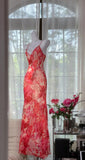Ndyad Red Spaghetti Straps Sheath Chiffon Beading Long Prom Dresses Vintage Evening Gowns HZ1024