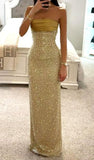 Ndyad Gold Strapless Sheath Beaded Satin Long Prom Dresses Formal Evening Gowns HZ1024