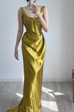 Ndyad Yellow U Neck Sheath Satin Long Prom Dresses Formal Evening Gowns HZ1024