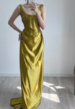 Ndyad Yellow U Neck Sheath Satin Long Prom Dresses Formal Evening Gowns HZ1024