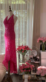 Ndyad Hot Pink Halter Neck Sheath Sequins Long Prom Dresses Formal Evening Gowns with Open Back HZ1024