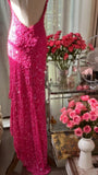 Ndyad Hot Pink Halter Neck Sheath Sequins Long Prom Dresses Formal Evening Gowns with Open Back HZ1024