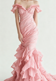 Ndyad Burgundy Off-shoulder Mermaid Tulle Sequins Long Prom Dresses Formal Evening Gowns HZ1024