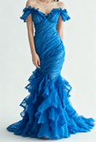 Ndyad Burgundy Off-shoulder Mermaid Tulle Sequins Long Prom Dresses Formal Evening Gowns HZ1024