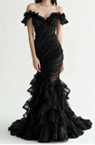 Ndyad Burgundy Off-shoulder Mermaid Tulle Sequins Long Prom Dresses Formal Evening Gowns HZ1024
