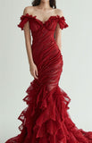 Ndyad Burgundy Off-shoulder Mermaid Tulle Sequins Long Prom Dresses Formal Evening Gowns HZ1024