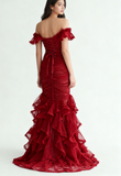 Ndyad Burgundy Off-shoulder Mermaid Tulle Sequins Long Prom Dresses Formal Evening Gowns HZ1024