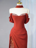 Ndyad Burgundy Off-shoulder Sheath Chiffon Long Prom Dresses Formal Evening Gowns with Slits HZ1024