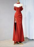 Ndyad Burgundy Off-shoulder Sheath Chiffon Long Prom Dresses Formal Evening Gowns with Slits HZ1024