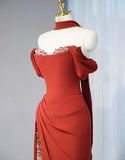 Ndyad Burgundy Off-shoulder Sheath Chiffon Long Prom Dresses Formal Evening Gowns with Slits HZ1024