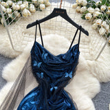 Ndyad Navy Blue Spaghetti Straps Sheath Satin Short Party Dress for Birthday&Cocktail HZ1024