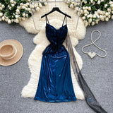 Ndyad Navy Blue Spaghetti Straps Sheath Satin Short Party Dress for Birthday&Cocktail HZ1024