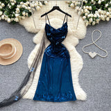 Ndyad Navy Blue Spaghetti Straps Sheath Satin Short Party Dress for Birthday&Cocktail HZ1024