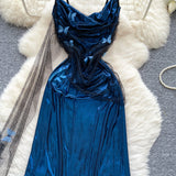 Ndyad Navy Blue Spaghetti Straps Sheath Satin Short Party Dress for Birthday&Cocktail HZ1024