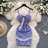 Ndyad Purple Spaghetti Strap Bodycon Lace Short Party Dress HZ1024
