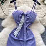Ndyad Purple Spaghetti Strap Bodycon Lace Short Party Dress HZ1024