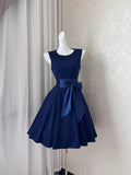 Ndyad Navy Blue Round Neck A-Line Satin Short Birthday Party Dresses Homecoming Dresses with Bow HZ1024