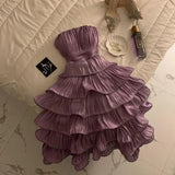 Ndyad Purple Strapless A-Line Chiffon Short Party Dress Sweetheart Evening Gowns HZ1024