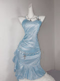 Ndyad Ice Blue Spaghetti Straps Bodycon Ruffles Short Party Dress HZ1024