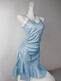 Ndyad Ice Blue Spaghetti Straps Bodycon Ruffles Short Party Dress HZ1024