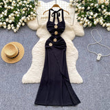 Ndyad Black Halterneck Bodycon Satin Long Evening Gowns HZ1024