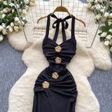 Ndyad Black Halterneck Bodycon Satin Long Evening Gowns HZ1024
