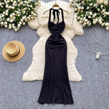 Ndyad Black Halterneck Bodycon Satin Long Evening Gowns HZ1024