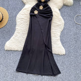 Ndyad Black Halterneck Bodycon Satin Long Evening Gowns HZ1024