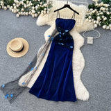 Ndyad Navy Blue Spaghetti Straps Sheath Long Party Dress for Birthday&Events HZ1024