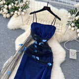 Ndyad Navy Blue Spaghetti Straps Sheath Long Party Dress for Birthday&Events HZ1024