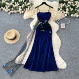 Ndyad Navy Blue Spaghetti Straps Sheath Long Party Dress for Birthday&Events HZ1024