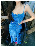 Ndyad Blue Spaghetti Straps Mermaid Chiffon Long Prom Dresses Elegant Evening Gowns with Slit HZ1024
