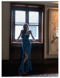 Ndyad Blue Spaghetti Straps Mermaid Chiffon Long Prom Dresses Elegant Evening Gowns with Slit HZ1024