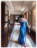 Ndyad Blue Spaghetti Straps Mermaid Chiffon Long Prom Dresses Elegant Evening Gowns with Slit HZ1024