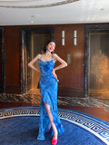 Ndyad Blue Spaghetti Straps Mermaid Chiffon Long Prom Dresses Elegant Evening Gowns with Slit HZ1024