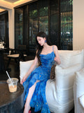 Ndyad Blue Spaghetti Straps Mermaid Chiffon Long Prom Dresses Elegant Evening Gowns with Slit HZ1024