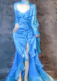 Ndyad Blue Spaghetti Straps Mermaid Evening Gowns Chiffon Satin Long Stunning Prom Dresses HZ1024