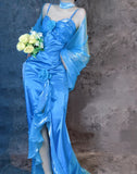 Ndyad Blue Spaghetti Straps Mermaid Evening Gowns Chiffon Satin Long Stunning Prom Dresses HZ1024