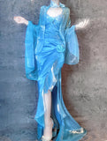 Ndyad Blue Spaghetti Straps Mermaid Evening Gowns Chiffon Satin Long Stunning Prom Dresses HZ1024