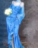 Ndyad Blue Spaghetti Straps Mermaid Evening Gowns Chiffon Satin Long Stunning Prom Dresses HZ1024