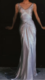 Ndyad Silver V-neck Sheath Satin Long Prom Dresses Formal Evening Gowns with Pleats HZ1024