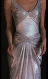 Ndyad Silver V-neck Sheath Satin Long Prom Dresses Formal Evening Gowns with Pleats HZ1024