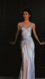 Ndyad Silver V-neck Sheath Satin Long Prom Dresses Formal Evening Gowns with Pleats HZ1024