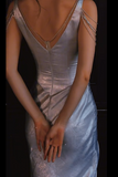 Ndyad Silver V-neck Sheath Satin Long Prom Dresses Formal Evening Gowns with Pleats HZ1024