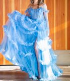 Ndyad Blue Spaghetti Straps A-Line Tulle Long Prom Dresses Formal Evening Gowns with Slits HZ1024